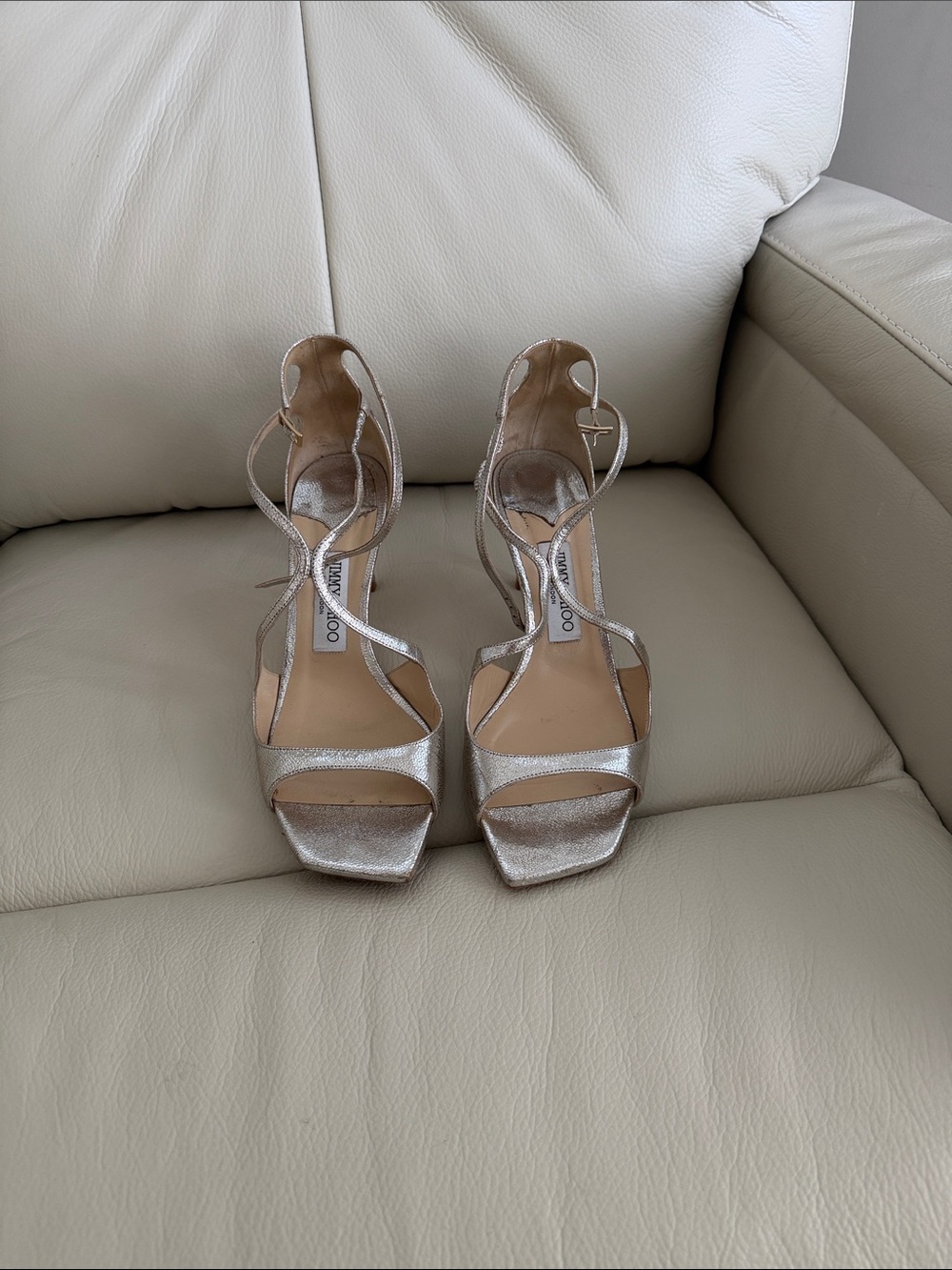 Jimmy Choo Silver Strappy Metallic High Heel Sandals - 39.5